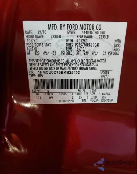 2011 Ford Escape Xlt z USA, uszkodzony, nr VIN 1FMCU0D76BKB25452